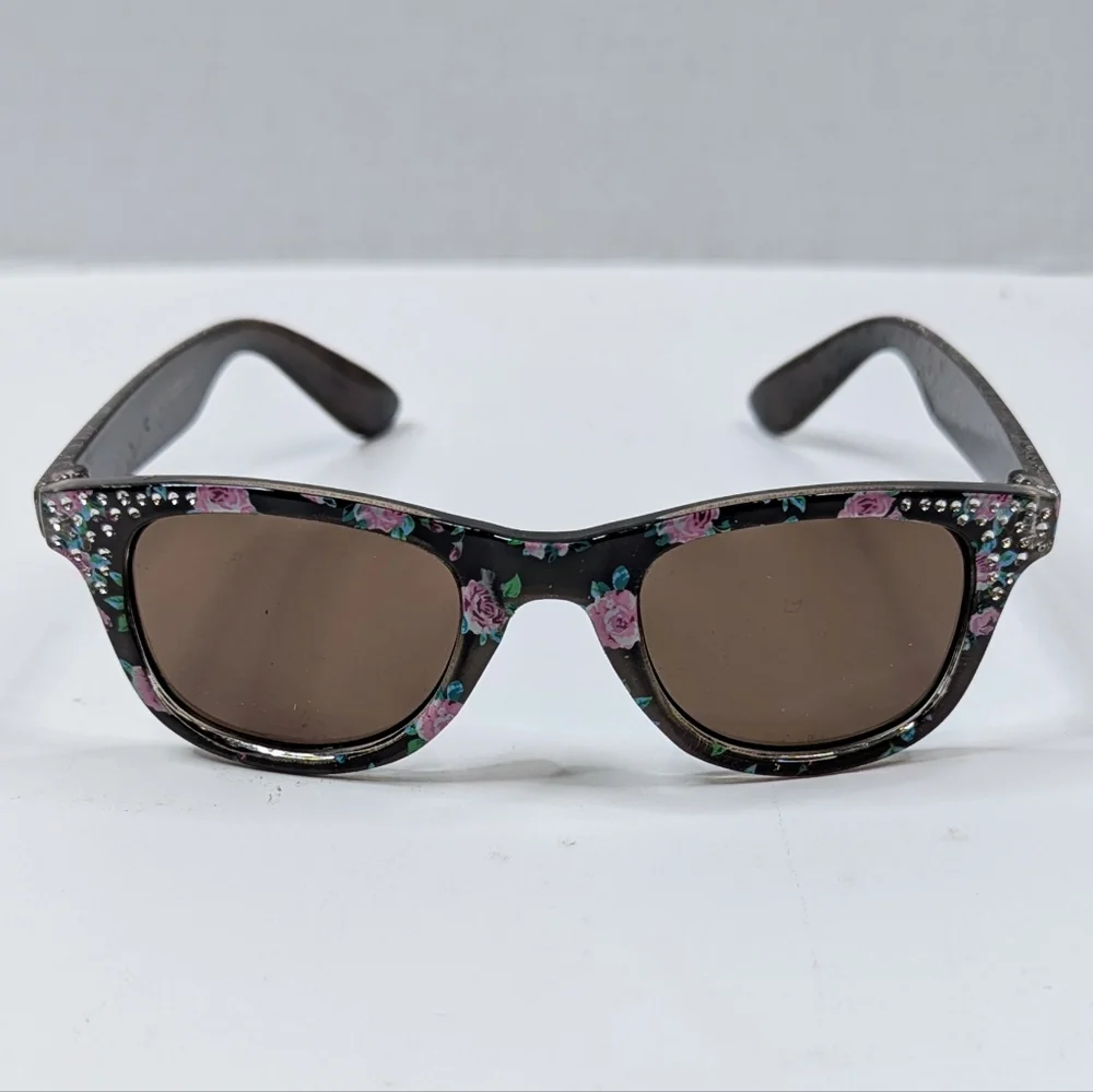 Girls Kid Size Foil Dot Glitzy Flower Print Horn Rim Sunglasses Poolside Fun
